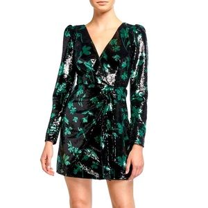 NWT Self-Portrait Sequin Black Green Leaf Mini Dress